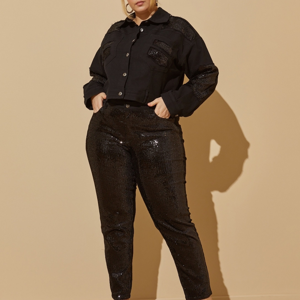 Ashley Stewart Black Sequined Denim Set